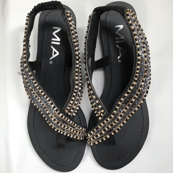 Mia Shoes - MIA Black Beaded Flat Sandals